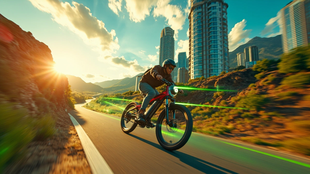 sleek electric bikes riding through city streets and nature trails at sunset