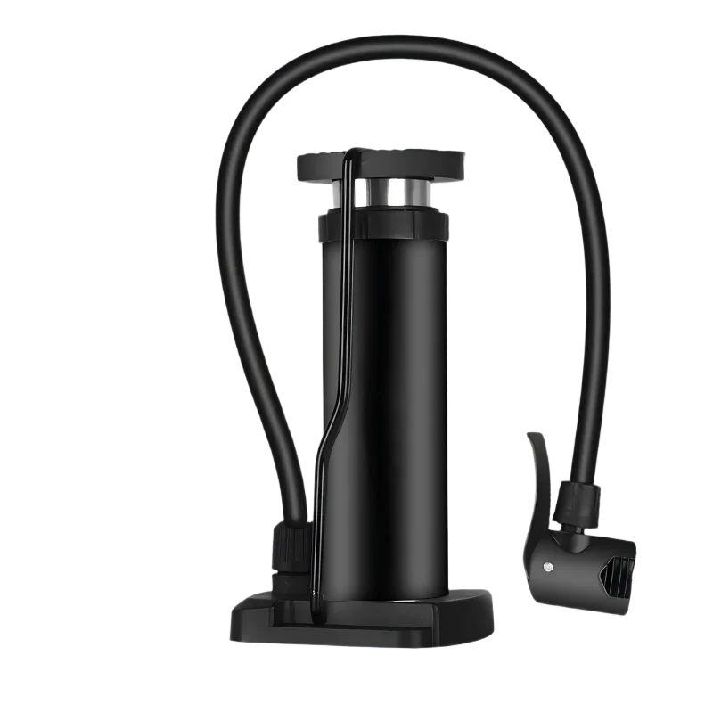 Black portable bike floor pump with flexible hose and pressure gauge on base