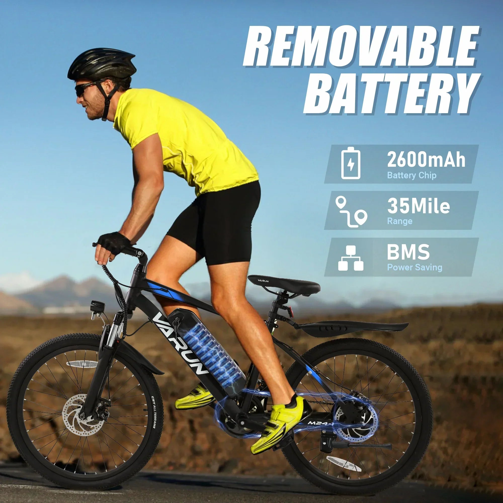 Man cycling on black VARUN electric mountain bike with removable 2600mAh battery and 35-mile range