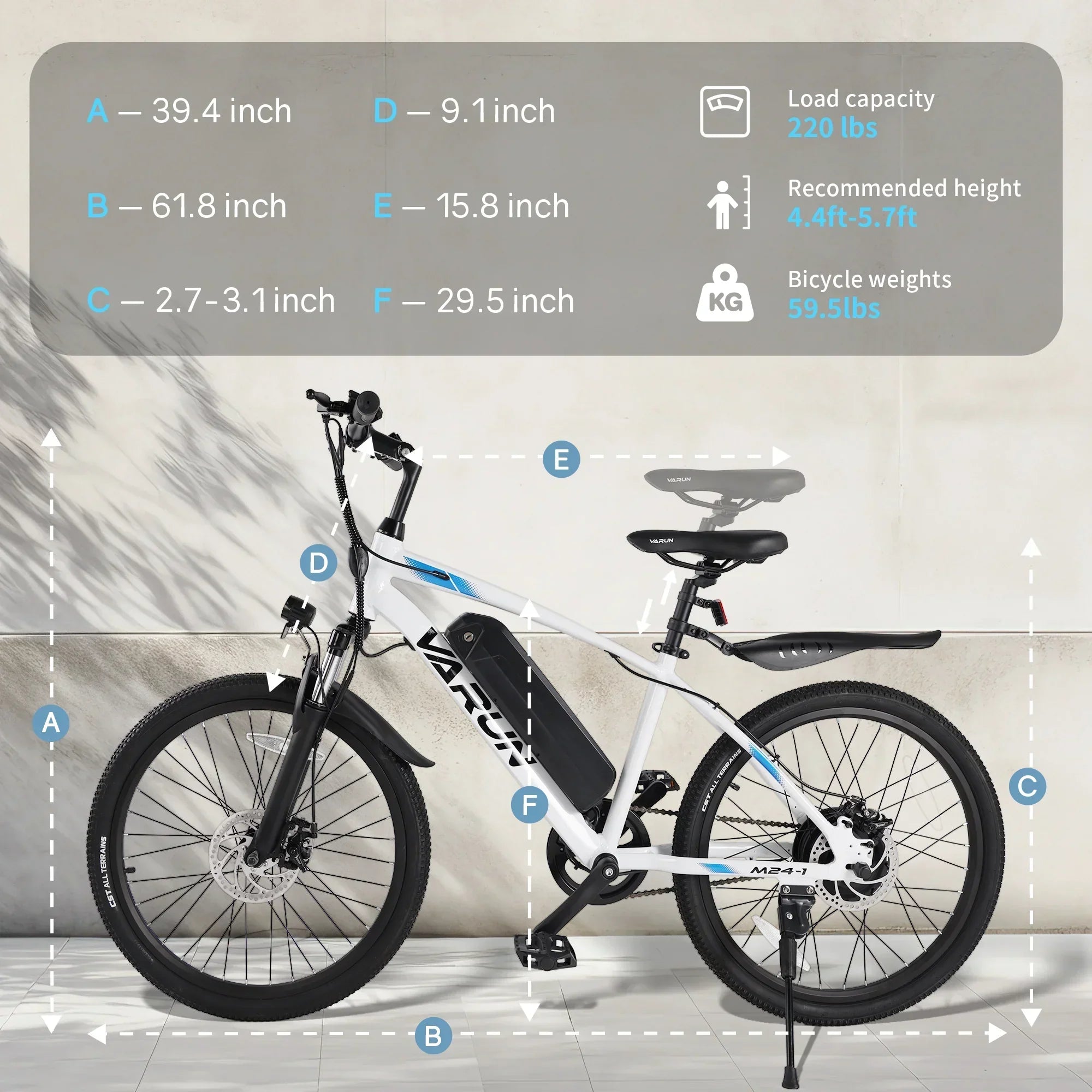 White electric mountain bike with blue accents, detailed dimensions, and specifications displayed