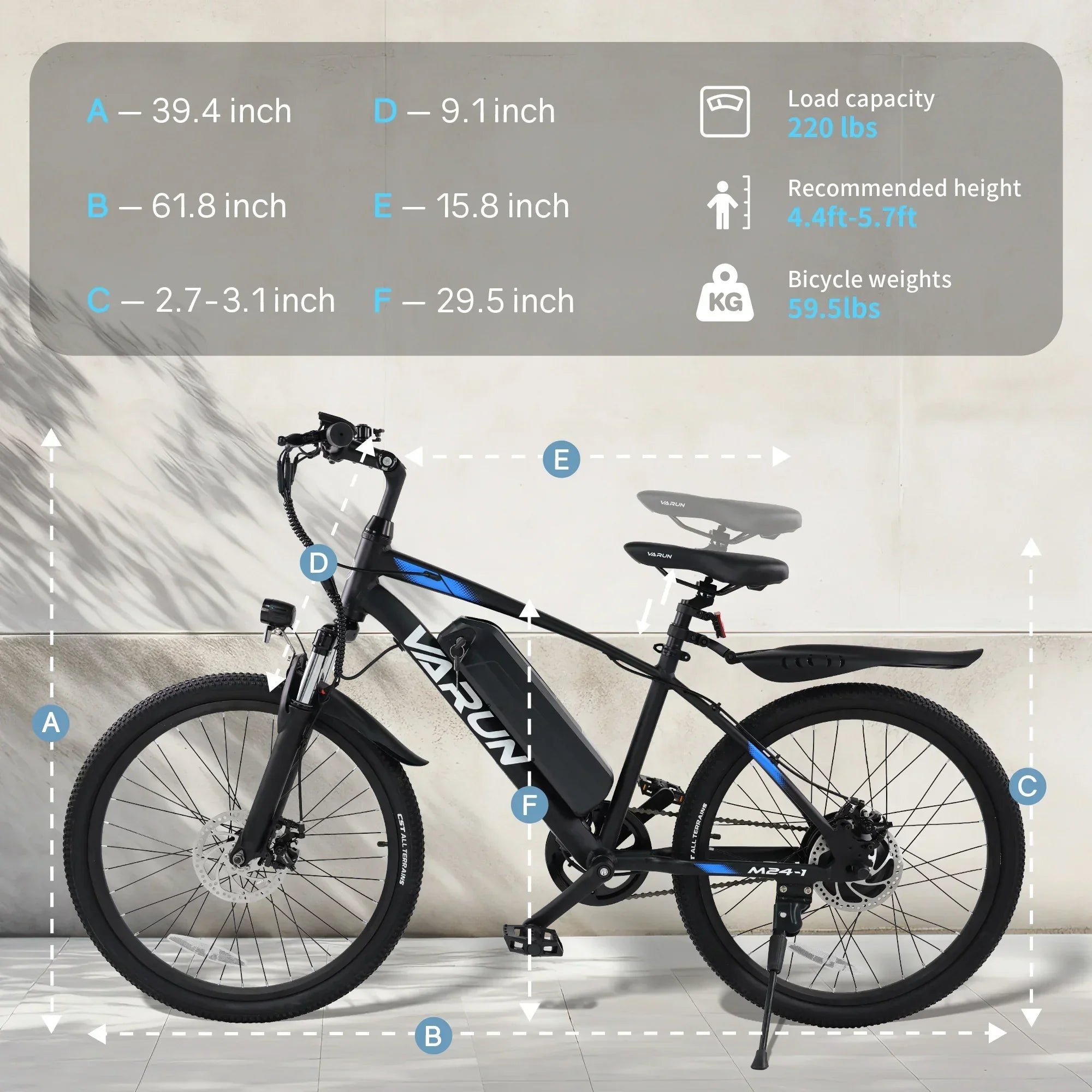 Black VARUN electric mountain bike with size and weight specifications displayed