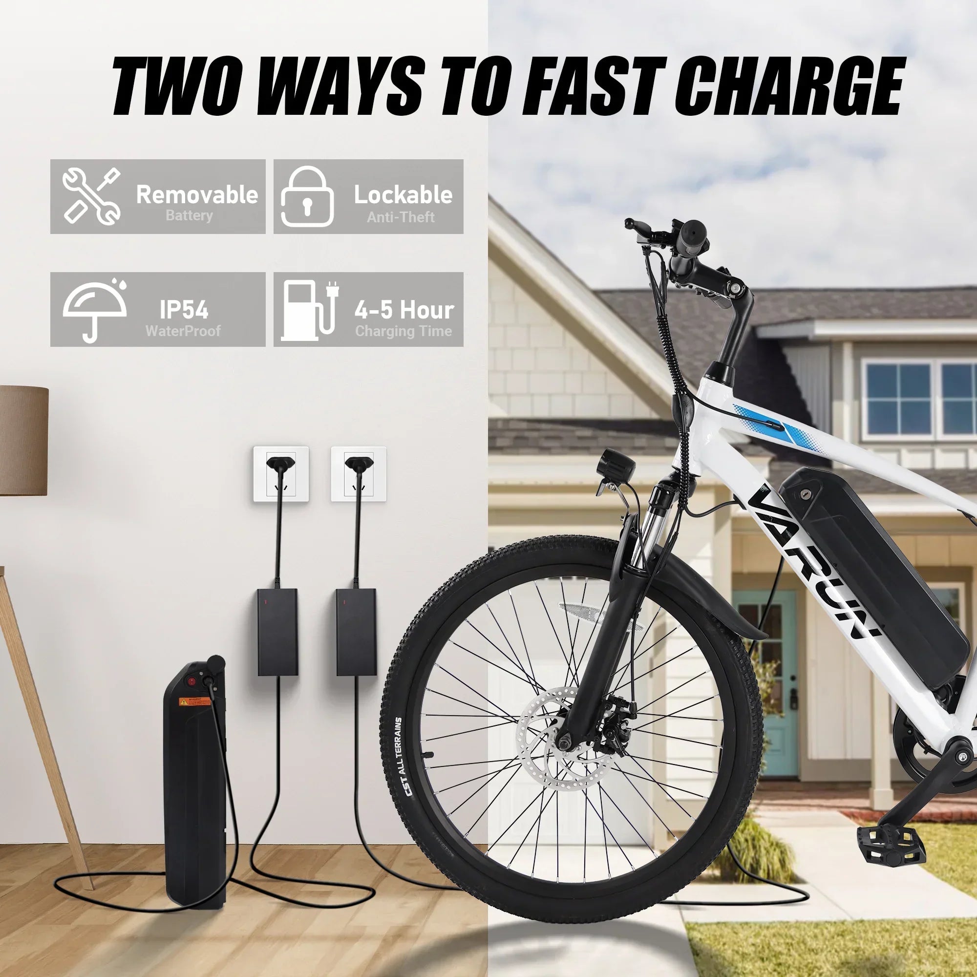 Electric bike with removable lockable battery charging indoors and outdoors, waterproof and fast charging