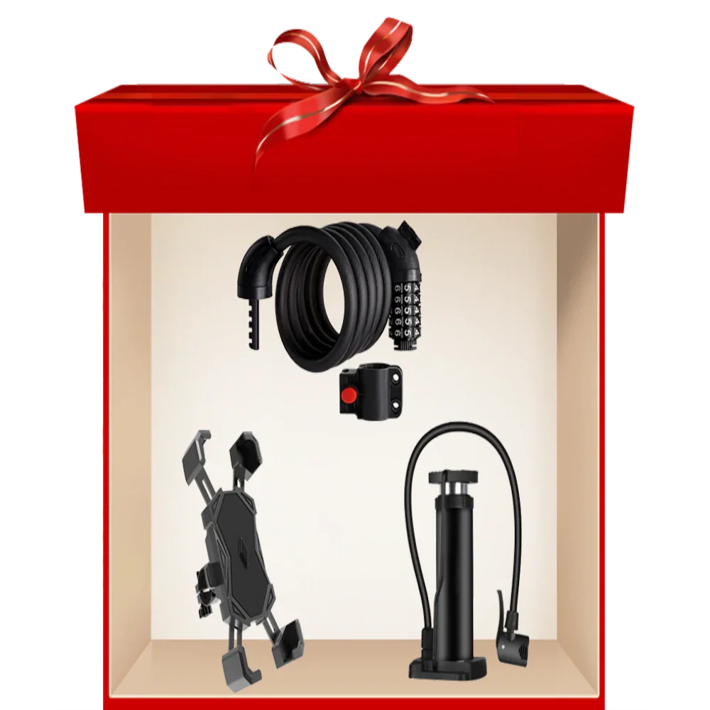 Gift box with bike combination lock, bike phone mount, mini air pump, and red button accessory