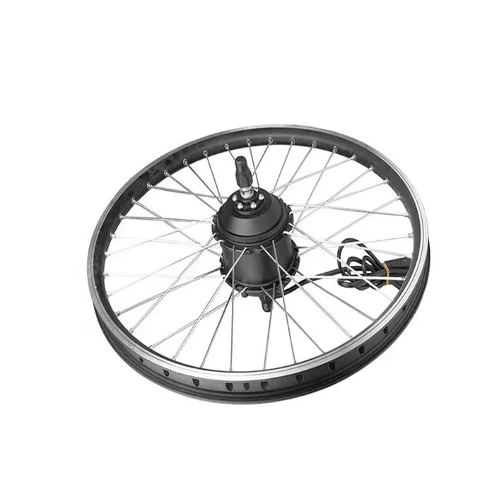 Electric bike wheel motor with spokes and attached electric cable on white background