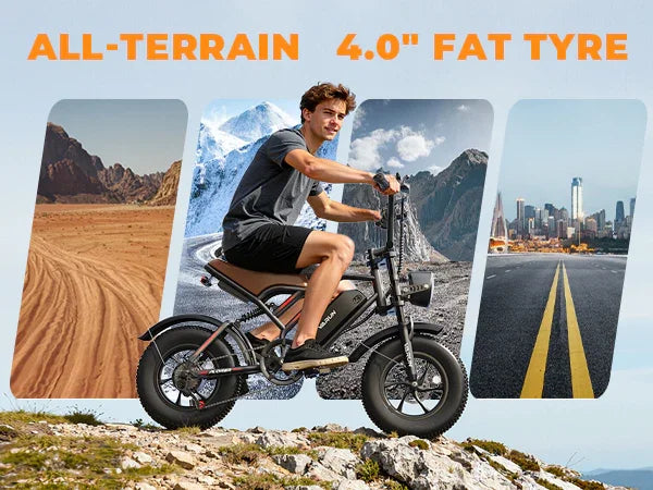 Man riding electric fat tire bike on rocky terrain with images of desert, snow mountains, and city road