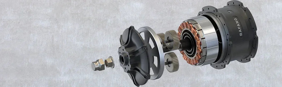 Exploded view of a Bafang electric bike motor showing internal gears and copper coils