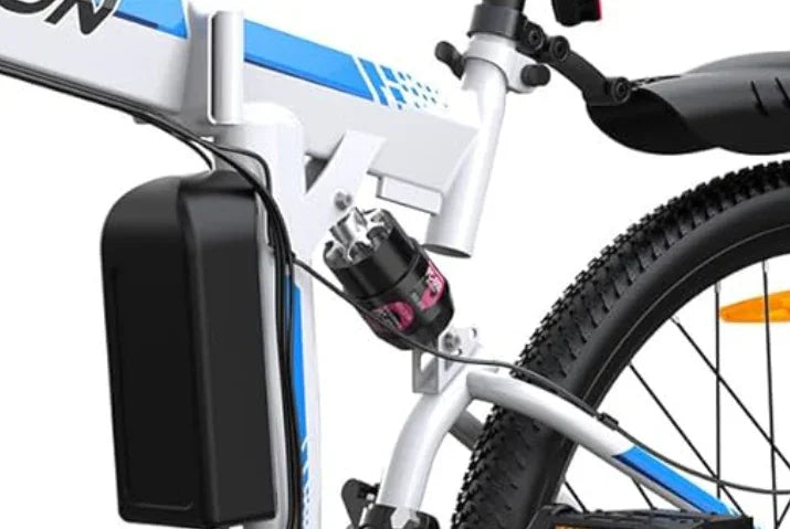 Close-up of white and blue electric mountain bike frame with rear shock absorber and black battery pack