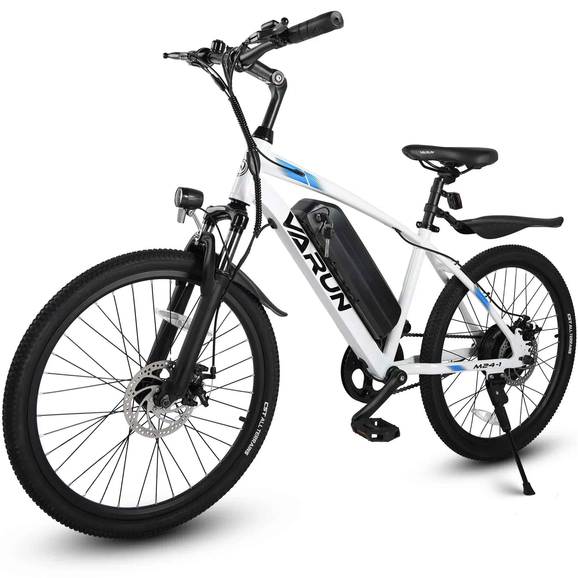 White Varun electric mountain bike with black battery, front light, and all-terrain tires