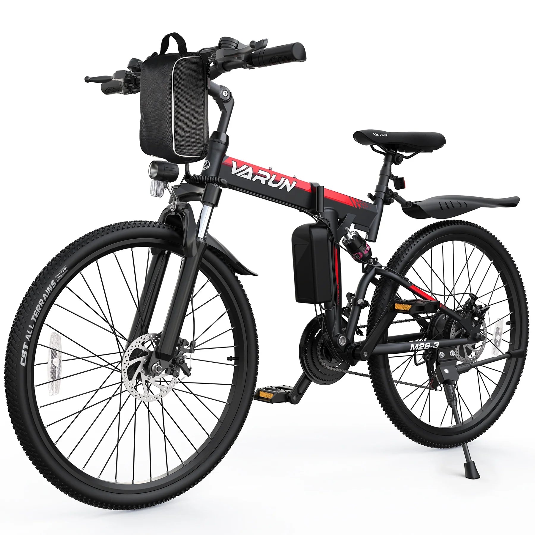 Black and red Varun electric mountain bike with front storage bag and all-terrain tires