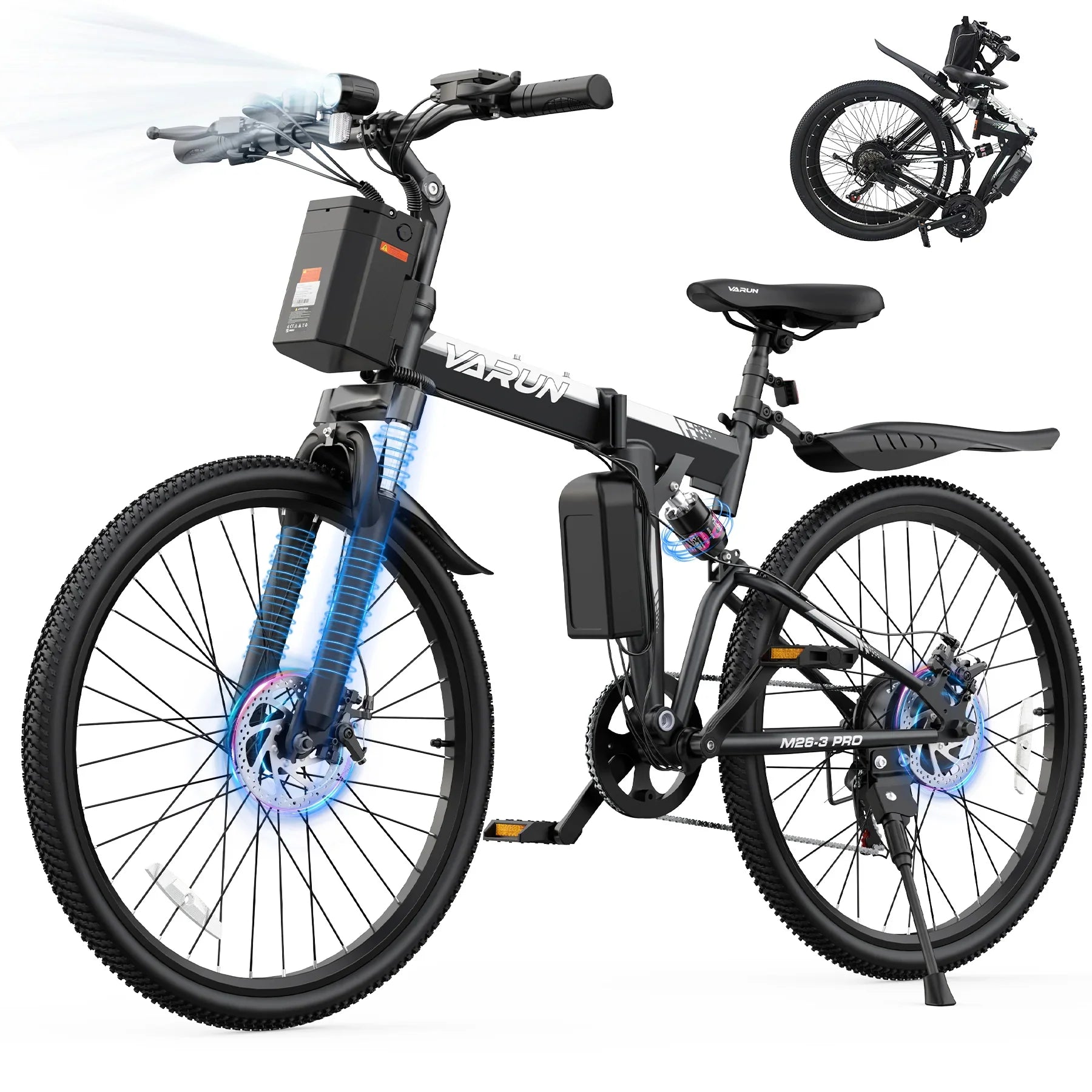 Varun black folding electric mountain bike with suspension, disc brakes, and LED headlight