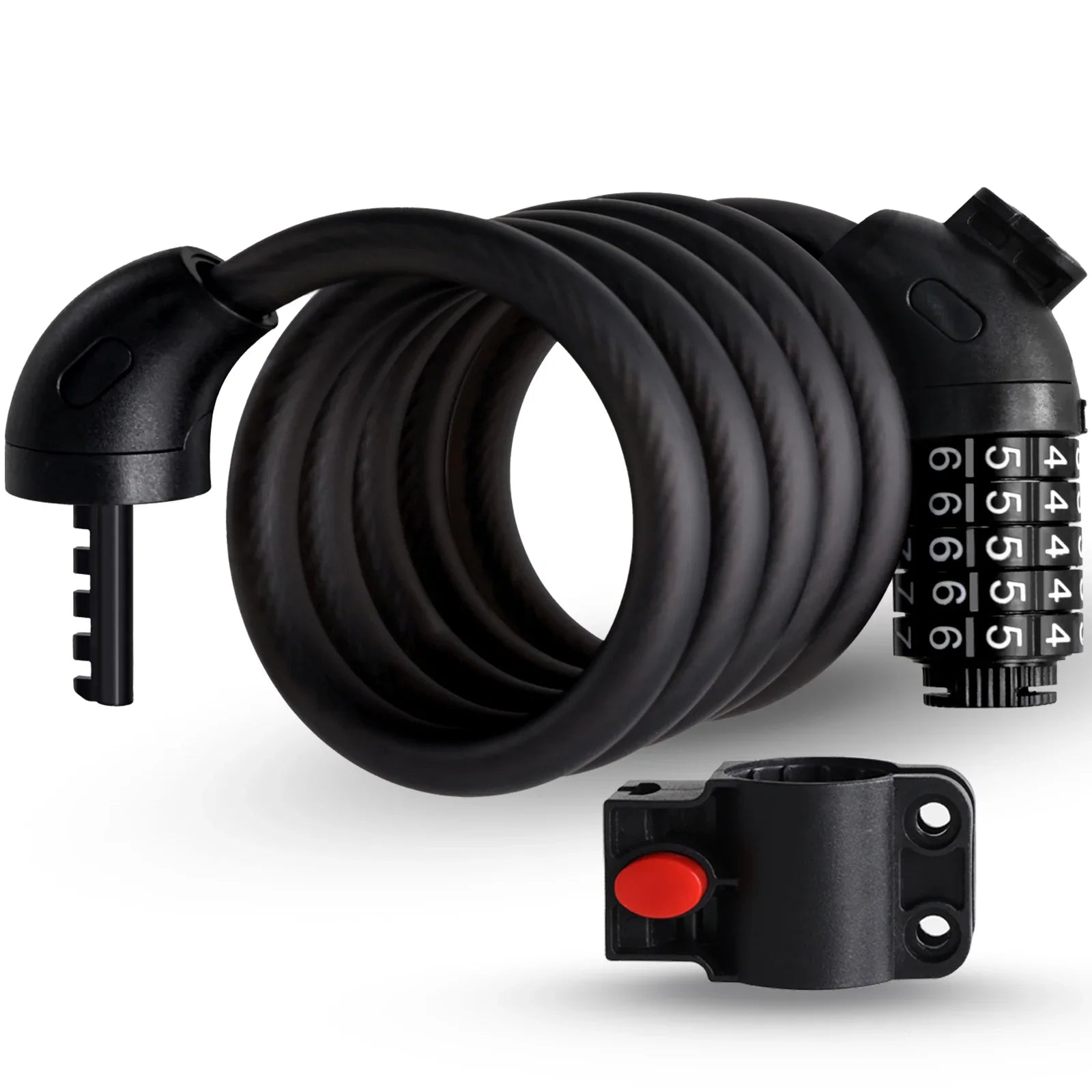 Black coiled cable bike lock with combination dial and black mounting bracket with red button