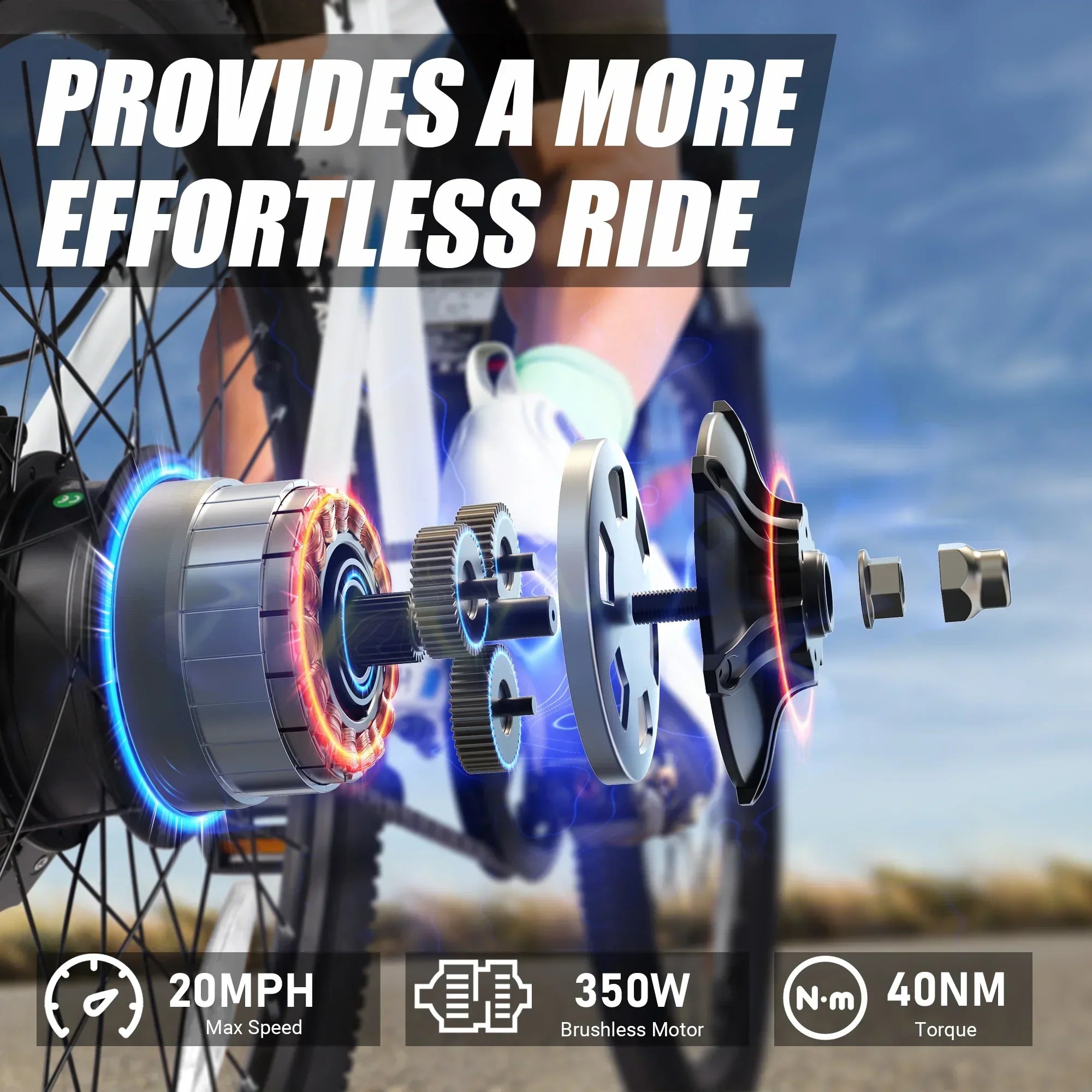 Electric bike brushless motor exploded view with 20MPH max speed, 350W power, and 40NM torque