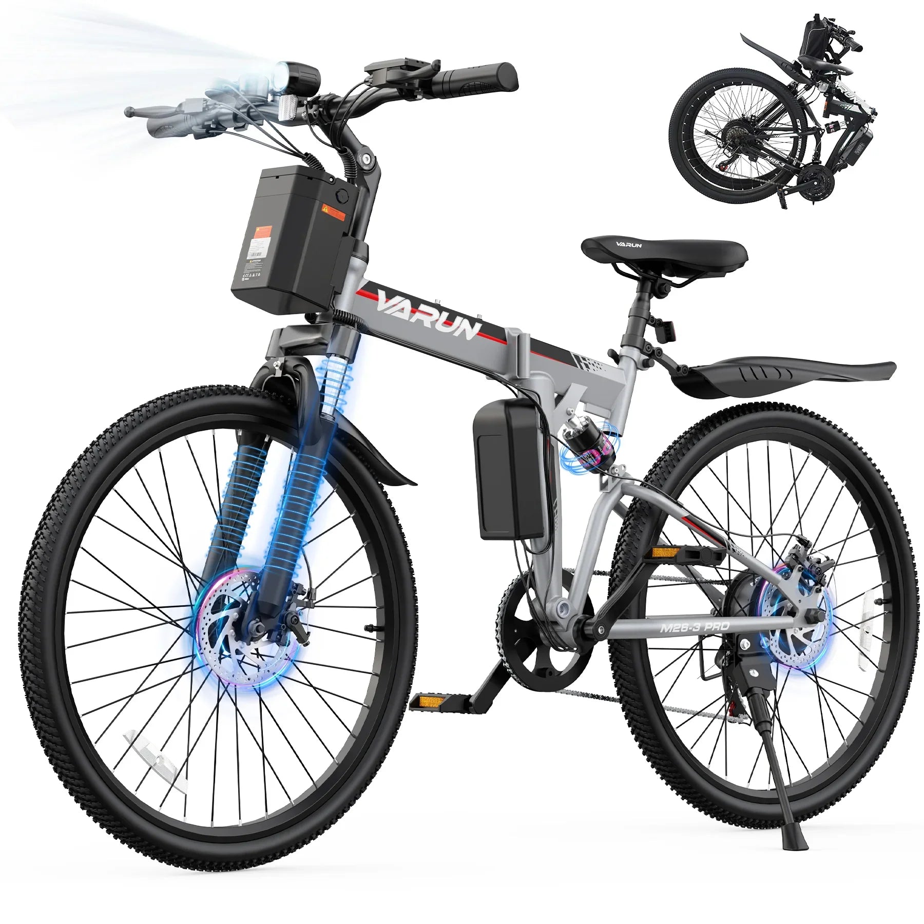 Varun folding electric mountain bike with front suspension, LED headlights, and rear mudguard