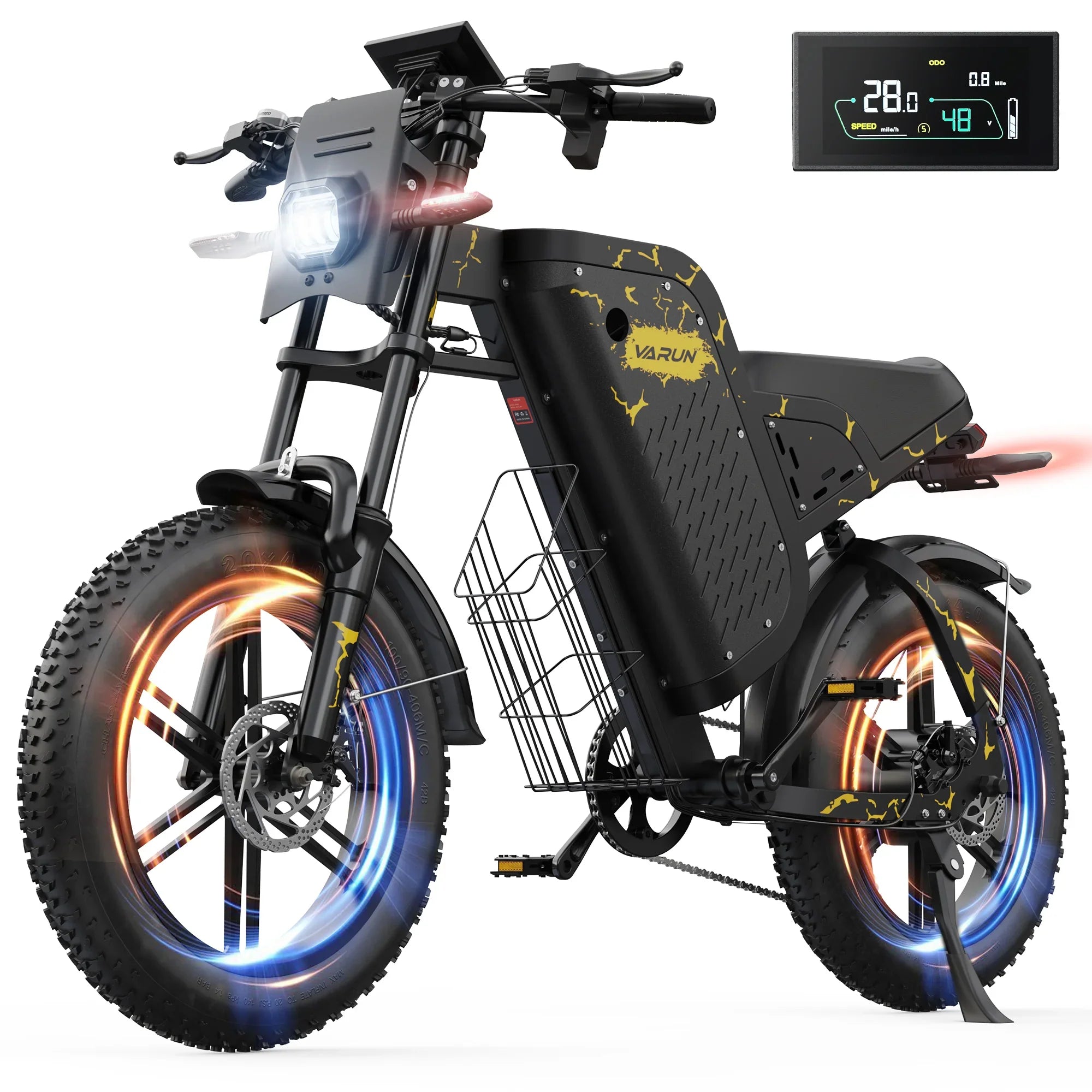 Black and gold Varun electric bike with front LED light, fat tires, disc brakes, and digital speedometer display