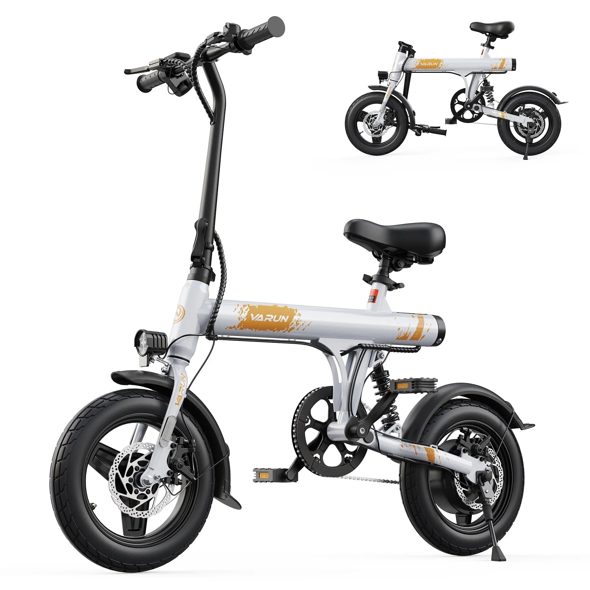 White and orange Varun electric folding bike with black saddle, disc brakes, and thick tires