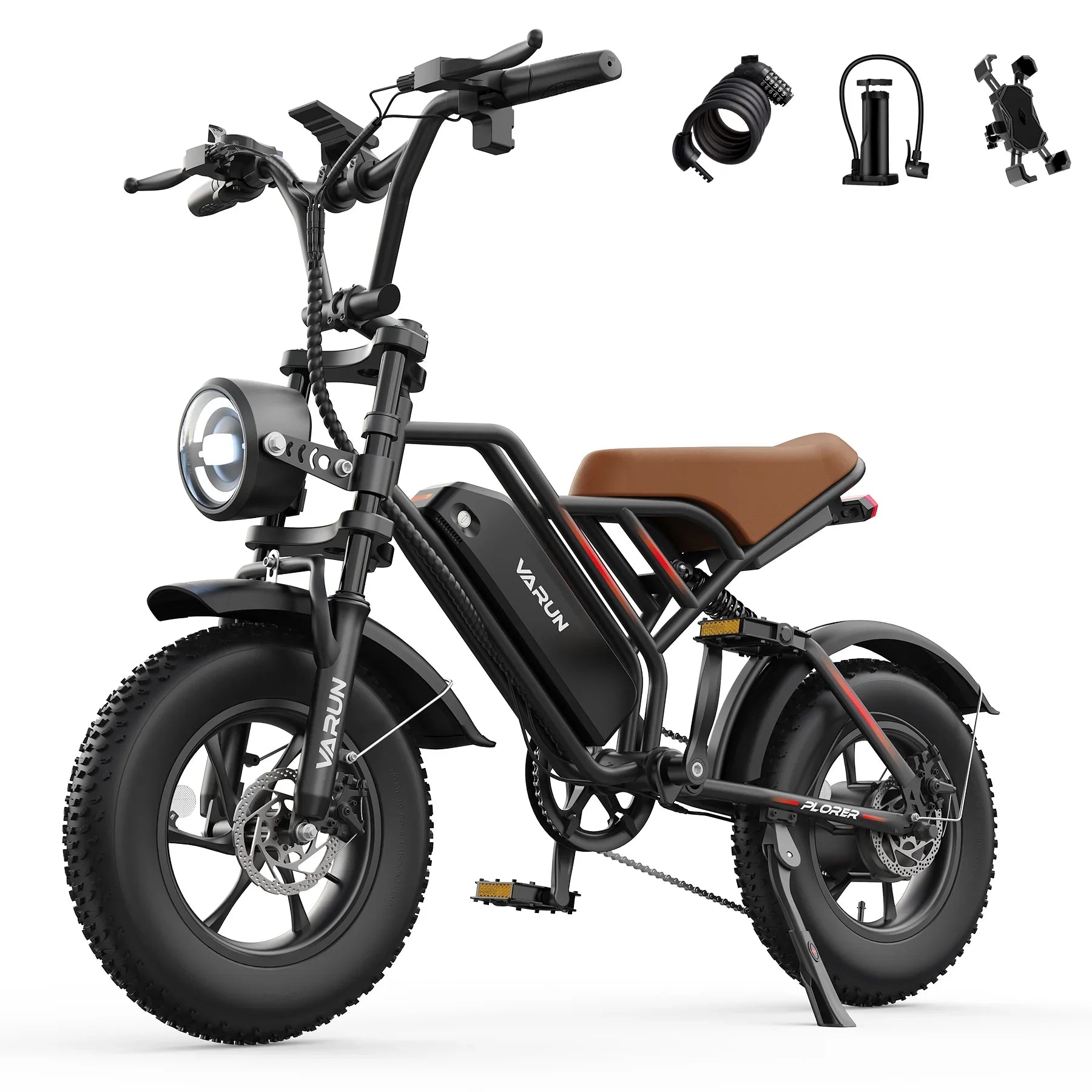 Black Varun Explorer electric bike with brown seat, fat tires, front headlight, and included accessories