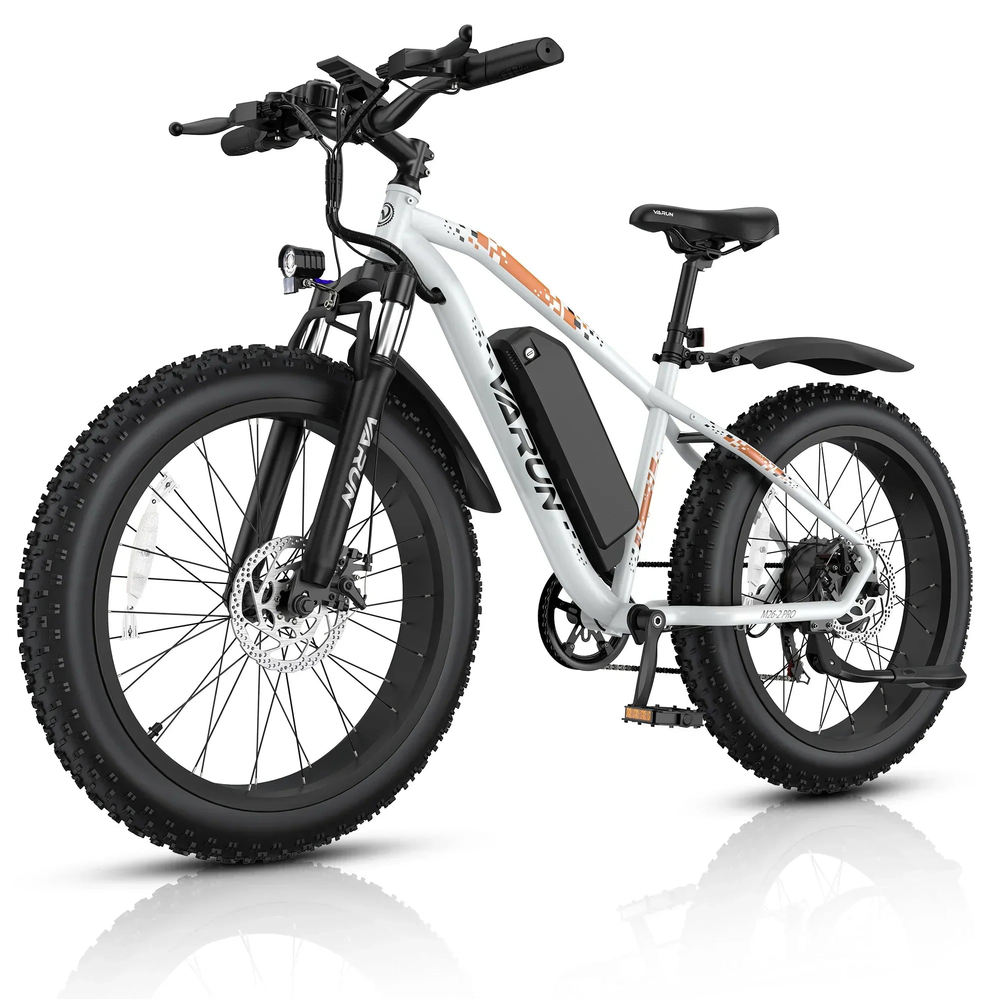 White VARUN electric fat tire mountain bike with black accents and front light