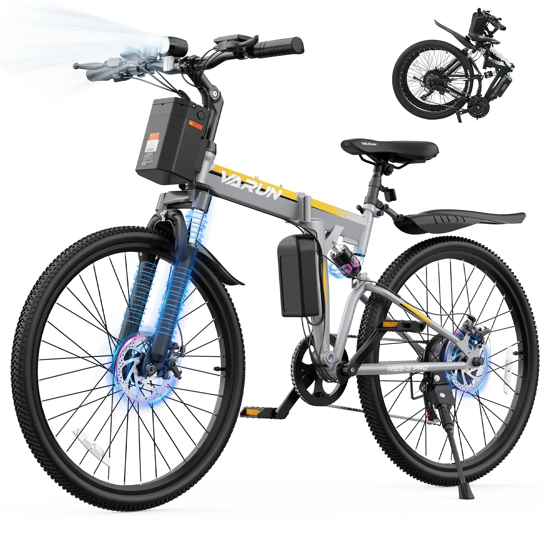Gray and yellow Varun M28-3 Pro electric mountain bike with suspension, battery pack, and foldable design