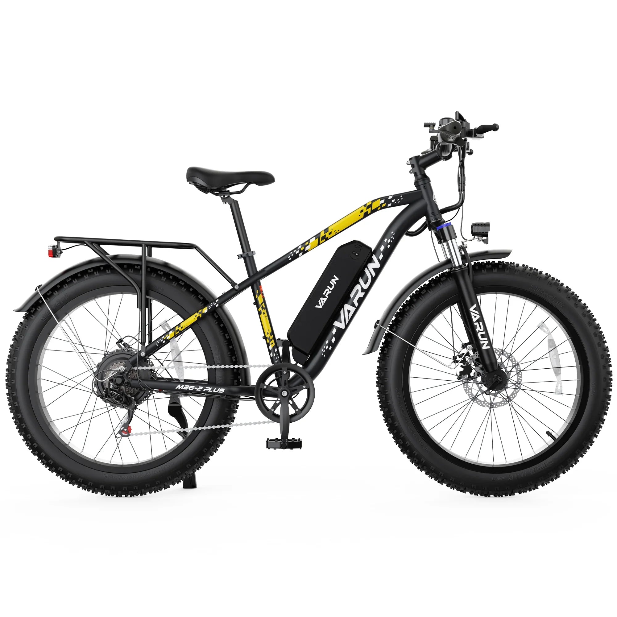 Black and yellow VARUN electric fat tire bike with rear rack and front suspension on white background