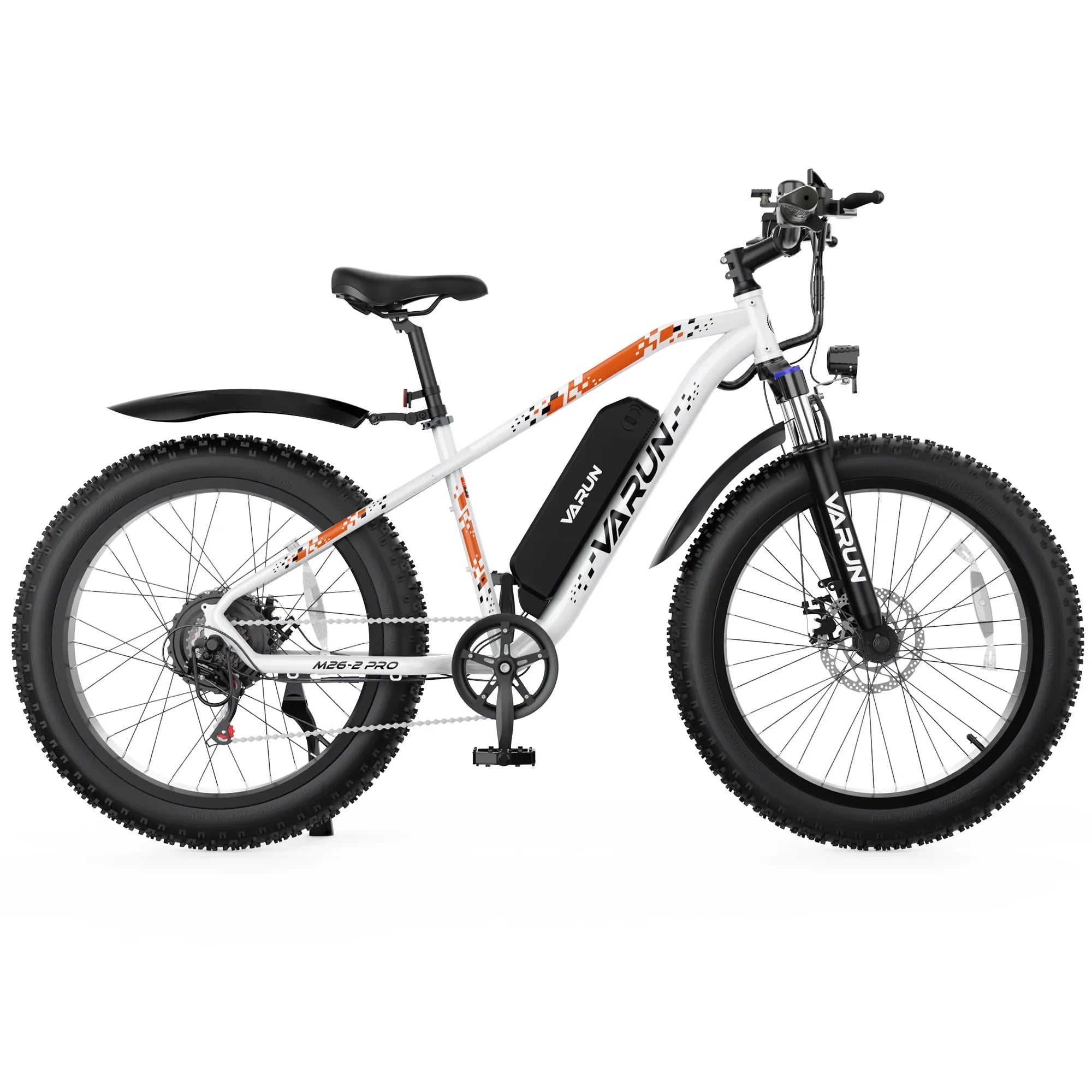 White and black VARUN M26-2 PRO electric mountain bike with fat tires and orange accents