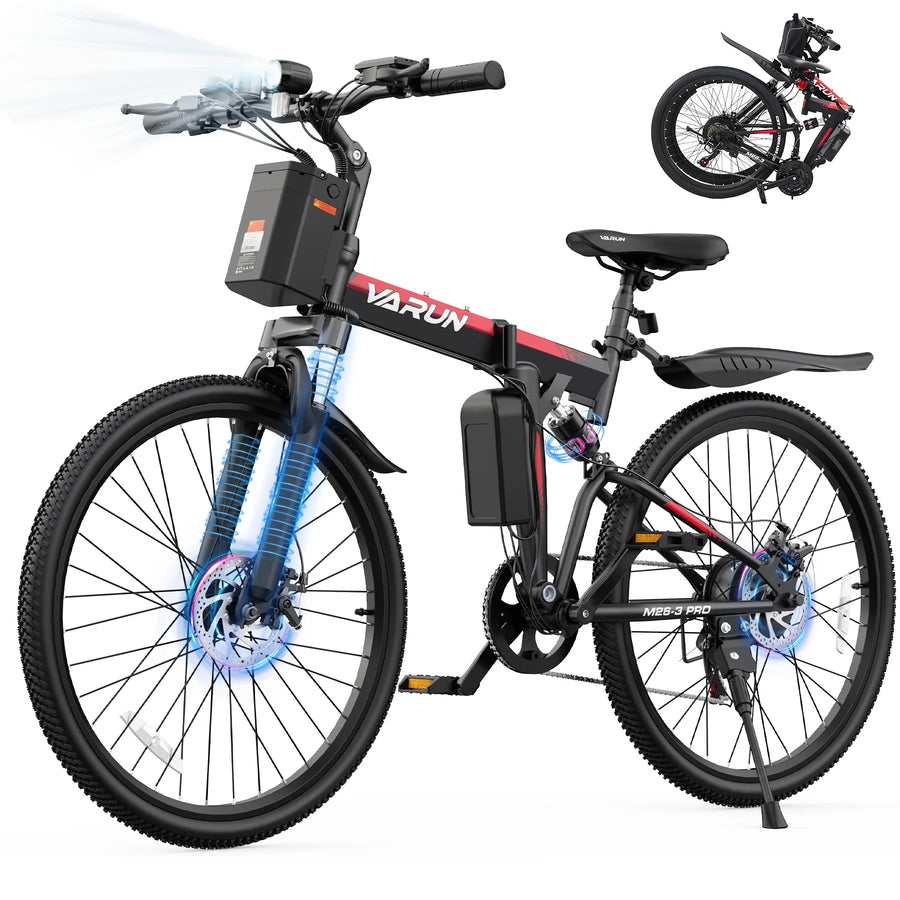 Varun M26-3 Pro black and red electric mountain bike with front and rear suspension and foldable design