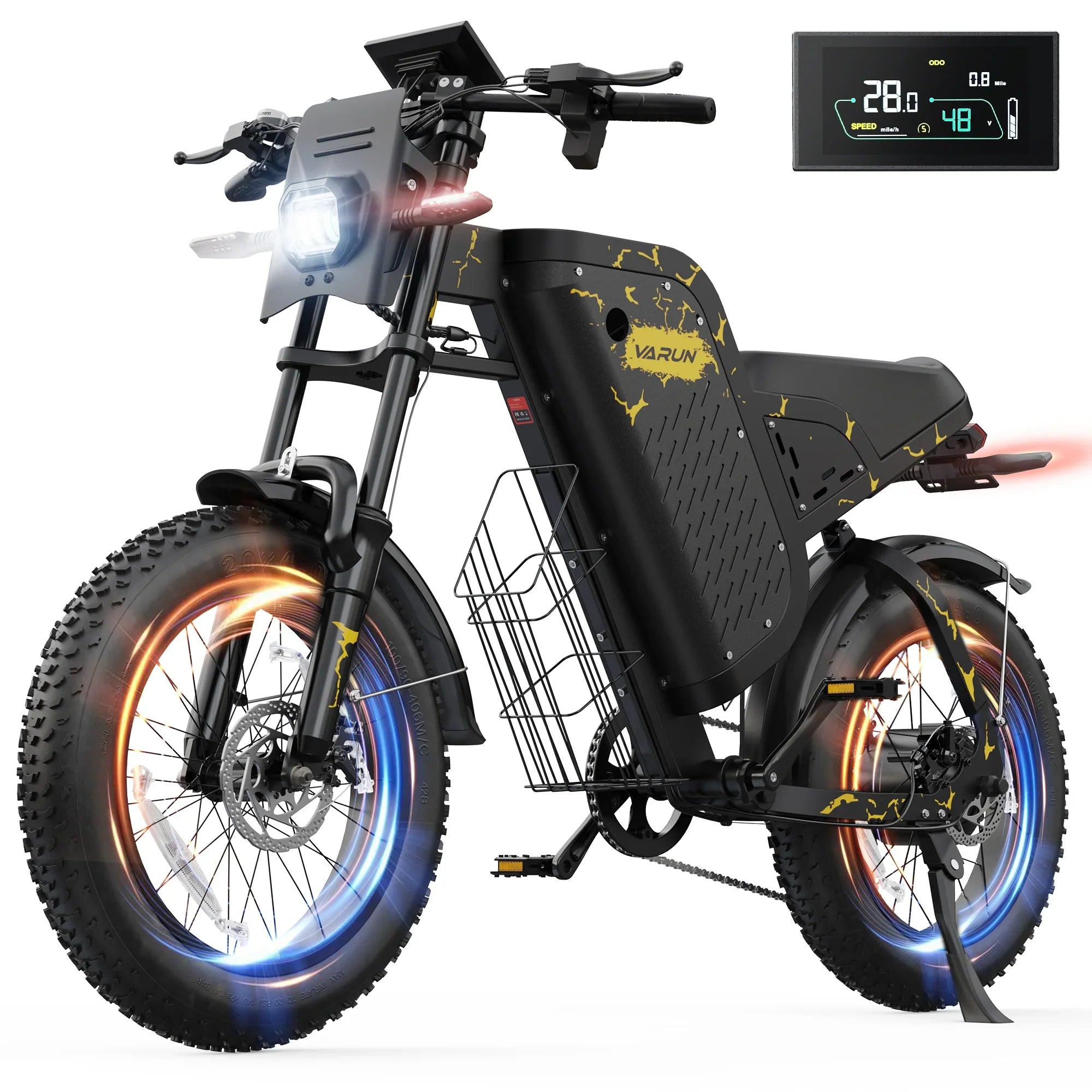 Black electric bike VARUN with gold accents, fat tires, front LED light, and digital speed display
