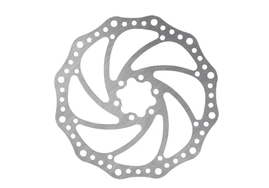 Silver metal bicycle disc brake rotor with multiple round ventilation holes and curved spider design