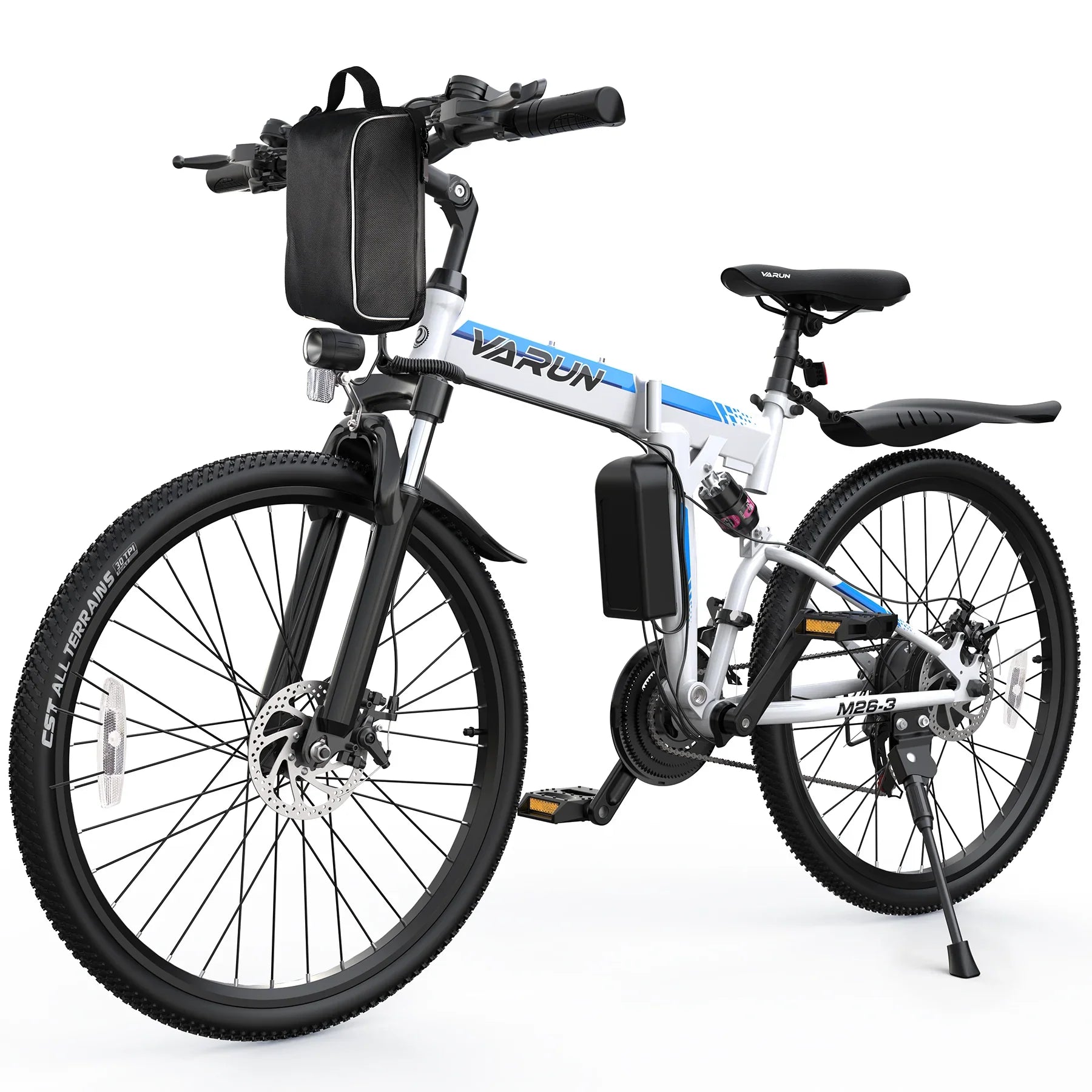 White and blue Varun electric mountain bike with front suspension, battery pack, and black handlebar bag