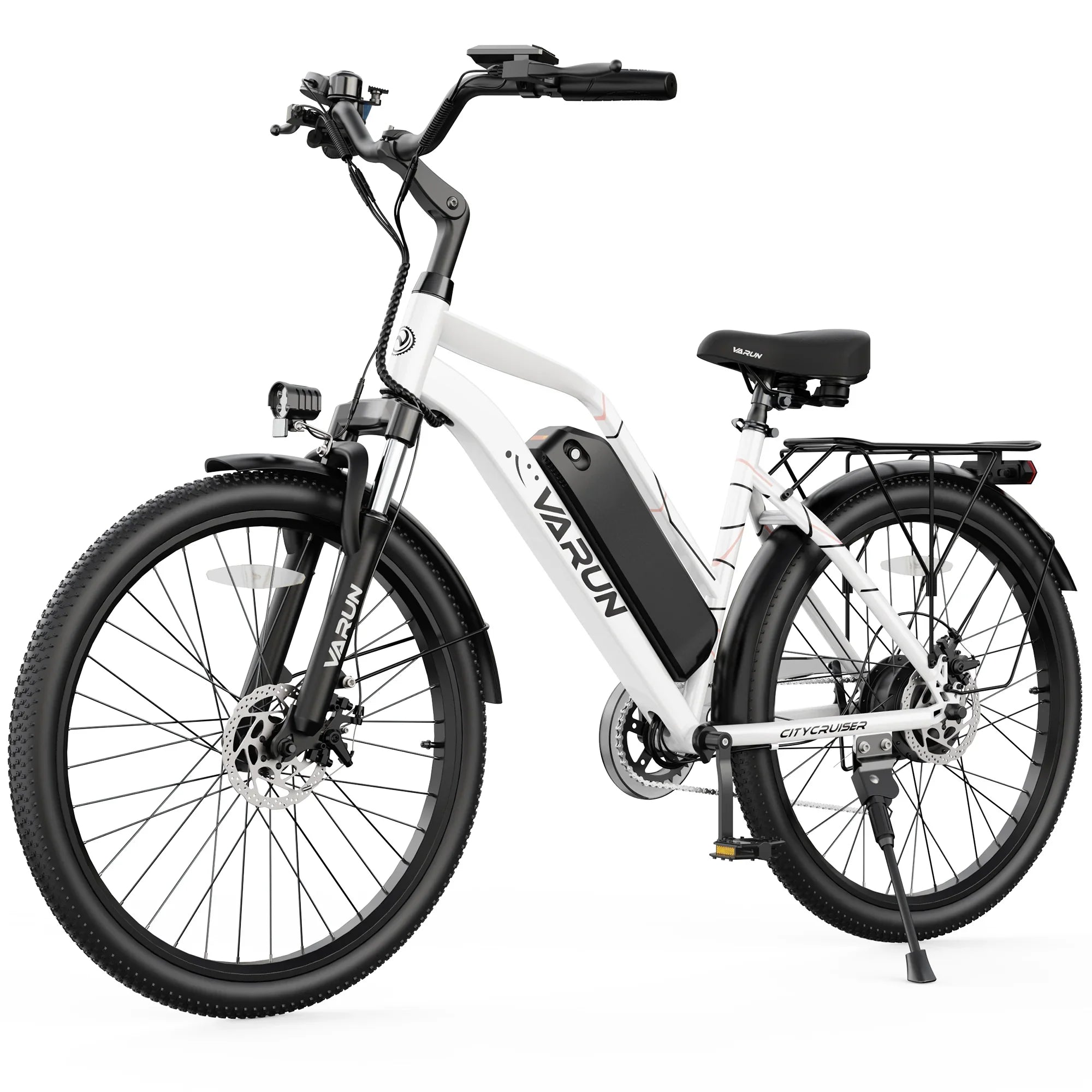 White Varun City Cruiser electric bike with black tires, front light, rear rack, and disc brakes