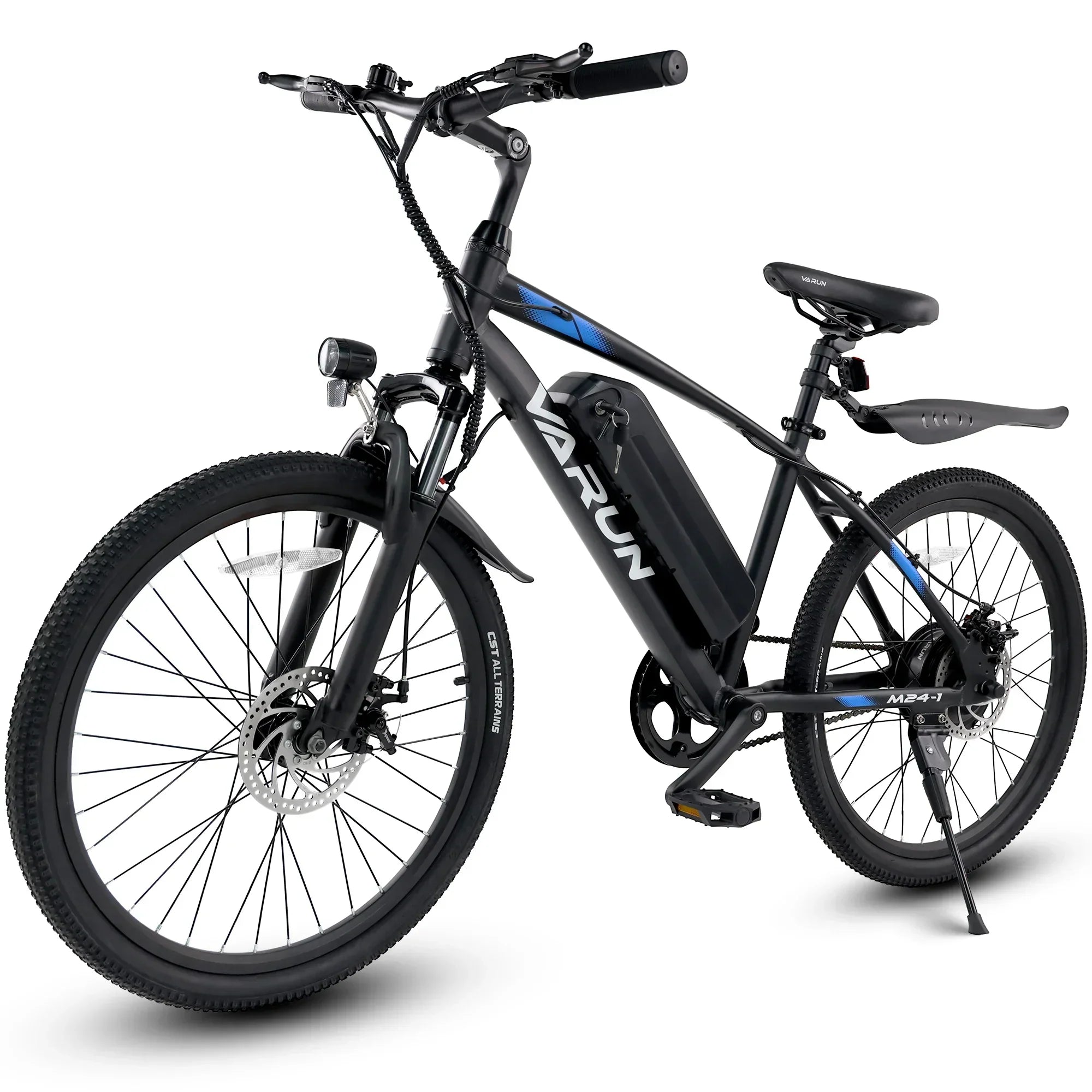 Black and blue Varun M24-1 electric mountain bike with CST all-terrain tires and front light