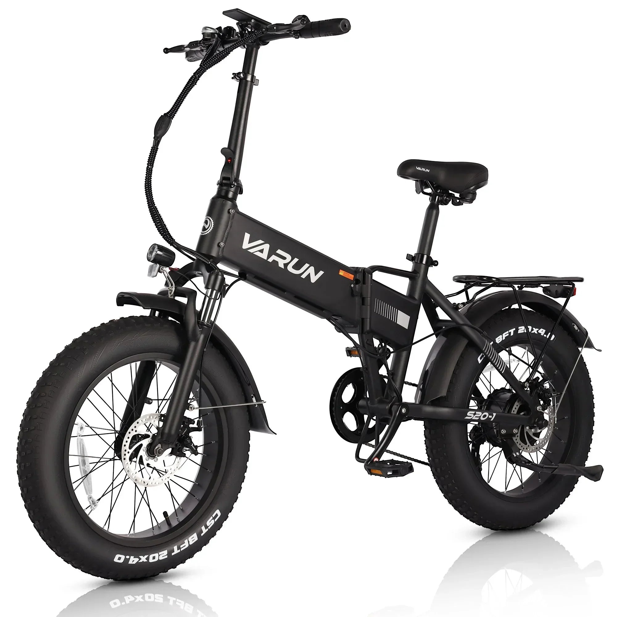 Black VARUN folding electric fat tire bike with suspension fork and rear rack on white