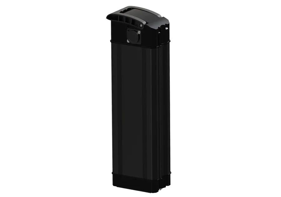 Tall black electric bike battery pack with top handle and connection port on white background