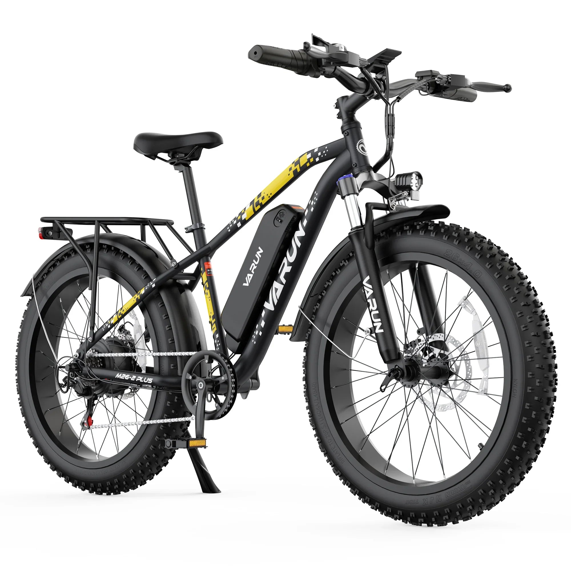 Black and yellow Varun fat tire electric bike with rear rack and front suspension