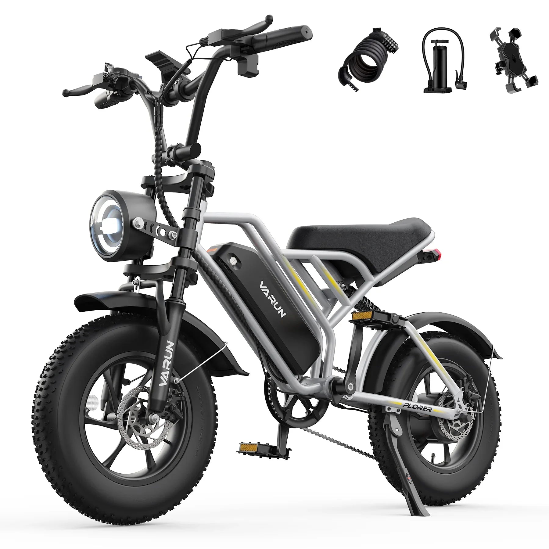 Varun Explorer electric bike with fat tires, front headlight, and included accessories on white background