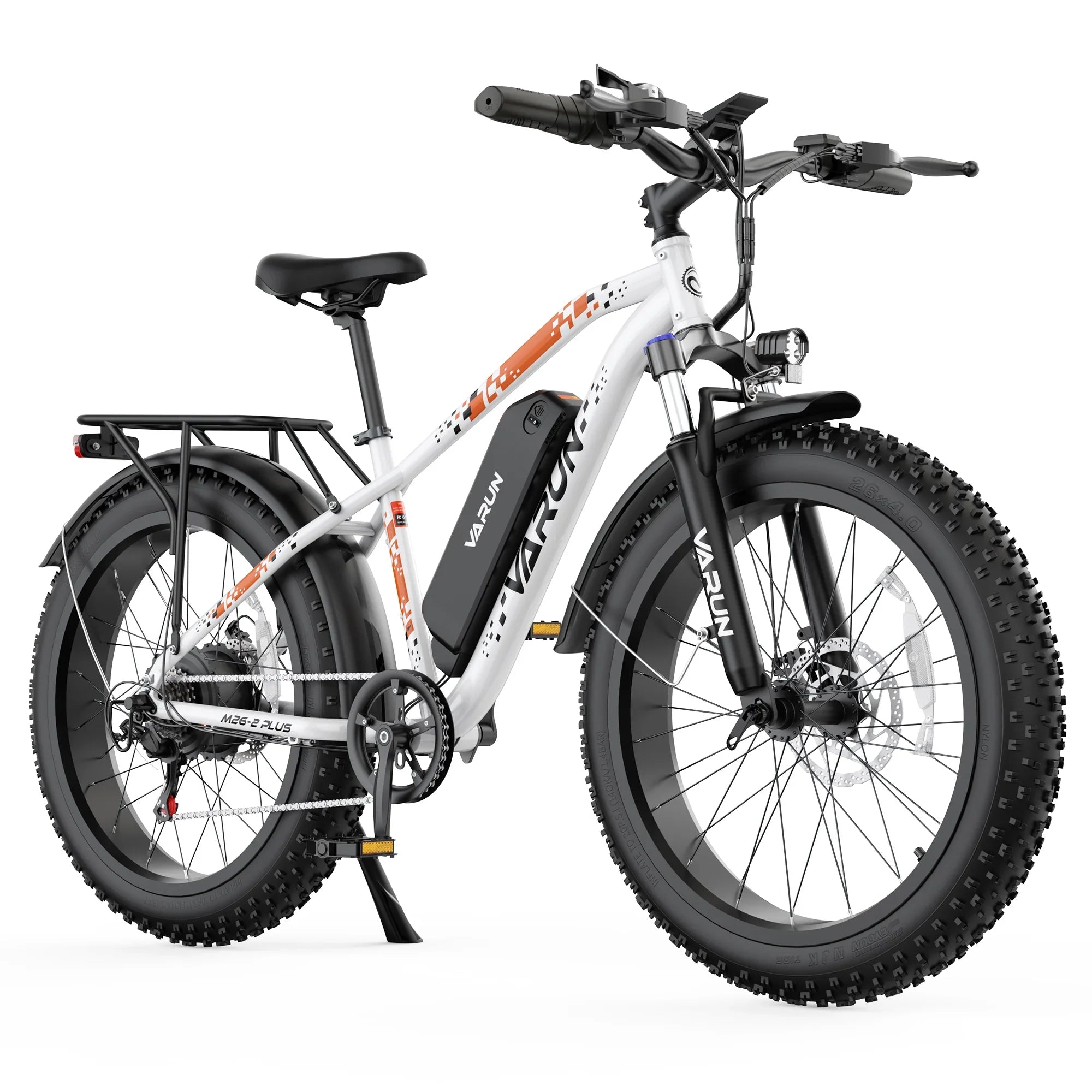White and black Varun M26-2 Plus electric fat tire mountain bike with orange accents and rear rack