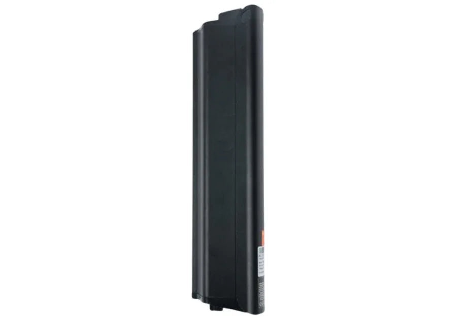 Black vertical battery pack with a rectangular shape and rounded edges on white background
