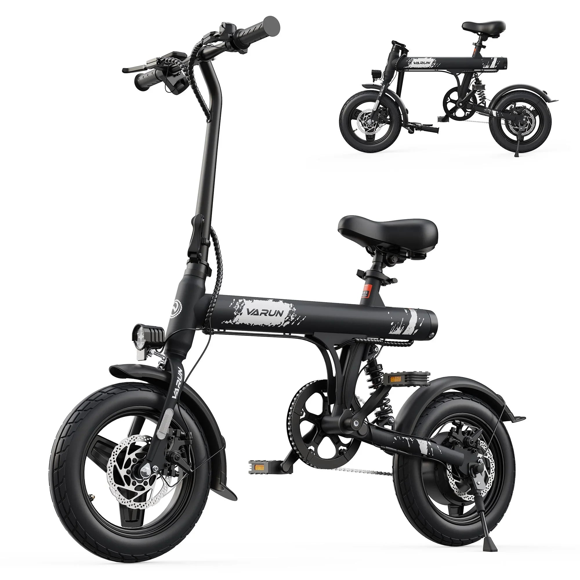 Black Varun electric bike with foldable frame, disc brakes, front headlight, and adjustable seat