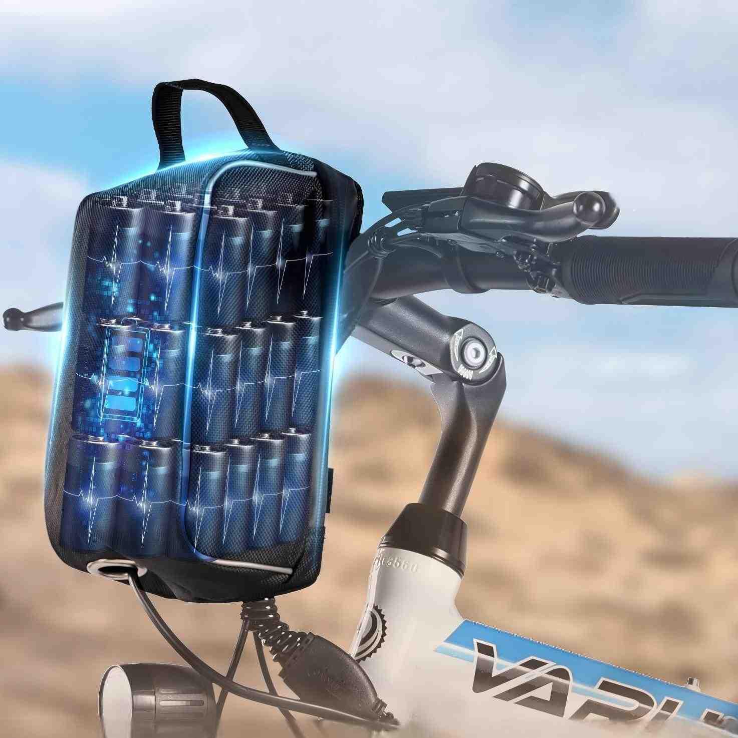 Electric bike handlebar with battery pack showing internal battery cells and charging indicator
