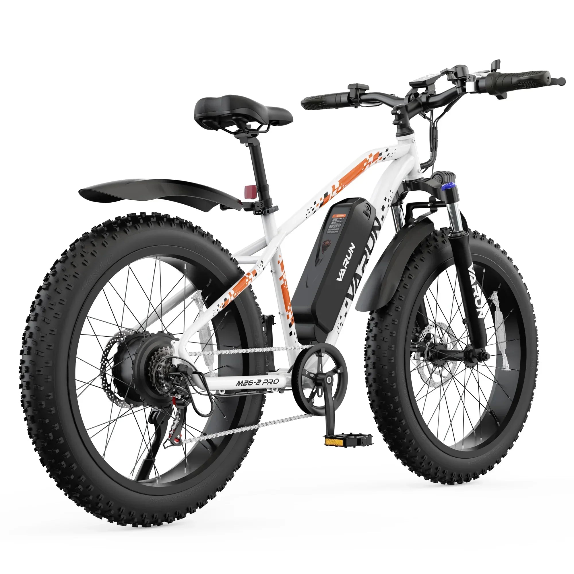 White and orange Varun M26-2 Pro fat tire electric mountain bike with black battery and fenders