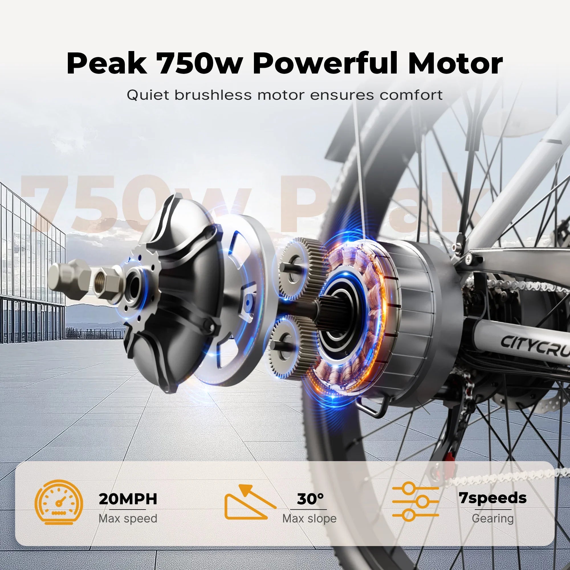 Exploded view of electric bike rear wheel showing 750w brushless motor and 7-speed gearing system