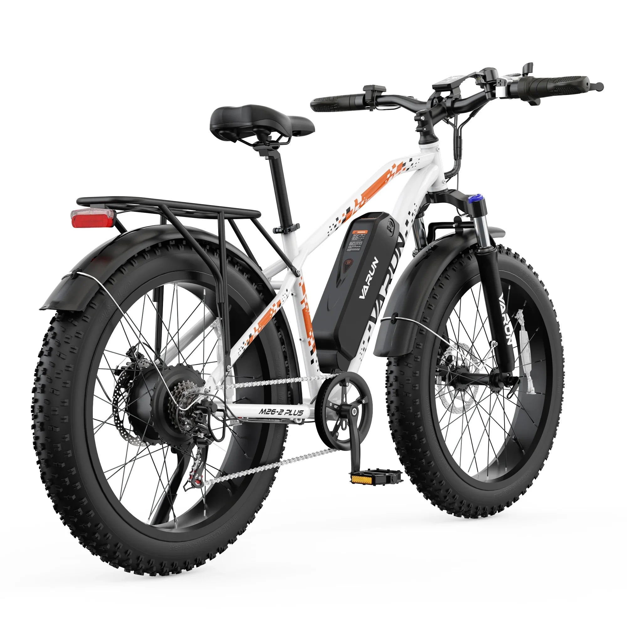 White Varun electric fat tire bike with black rack and battery on white background