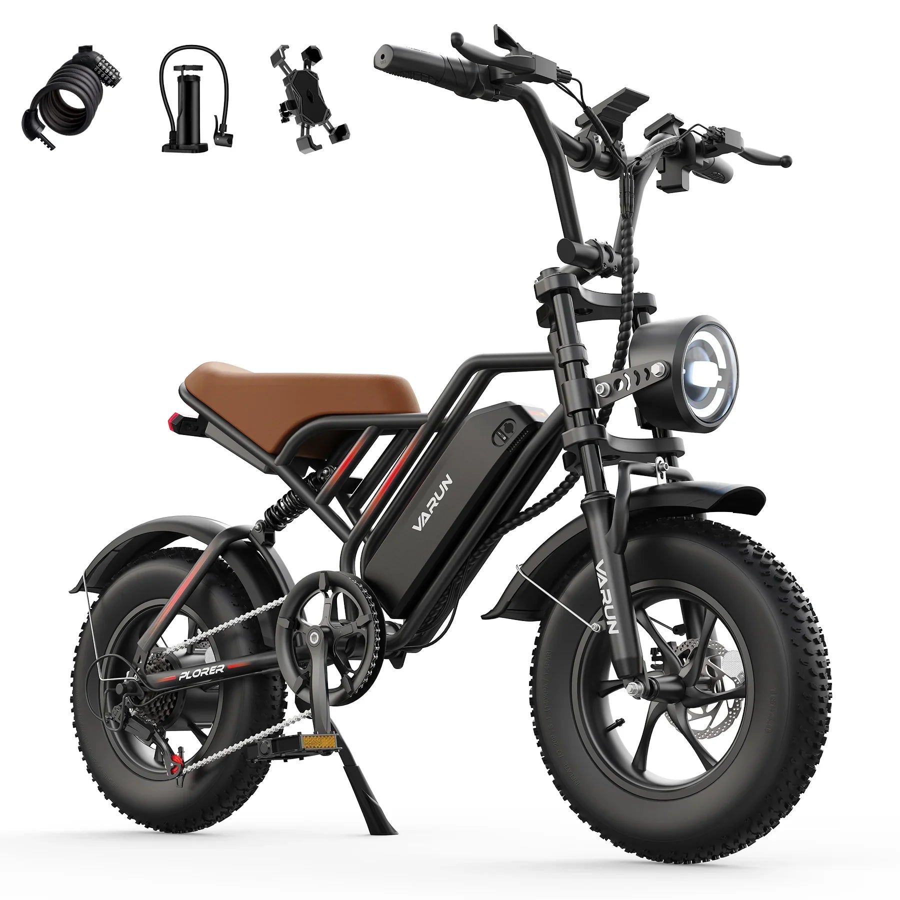 Black VARUN electric bike with fat tires and brown seat, plus accessories including lock, pump, and phone holder