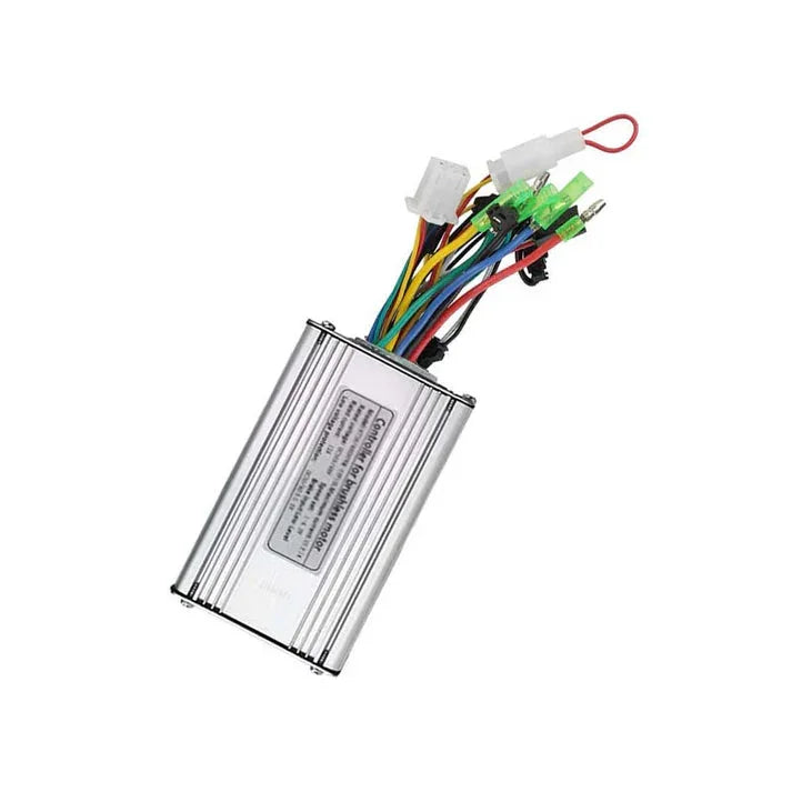 Silver electric bike controller with multicolored wires and connectors on white background