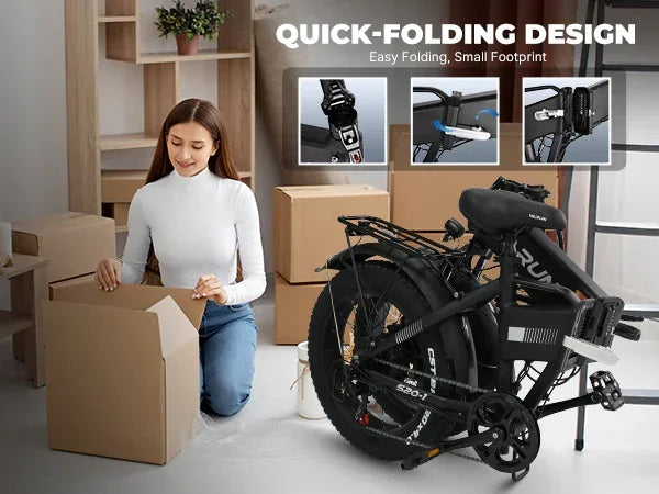 Woman packing cardboard boxes next to a folded black electric bike with quick-folding design in a minimalist room