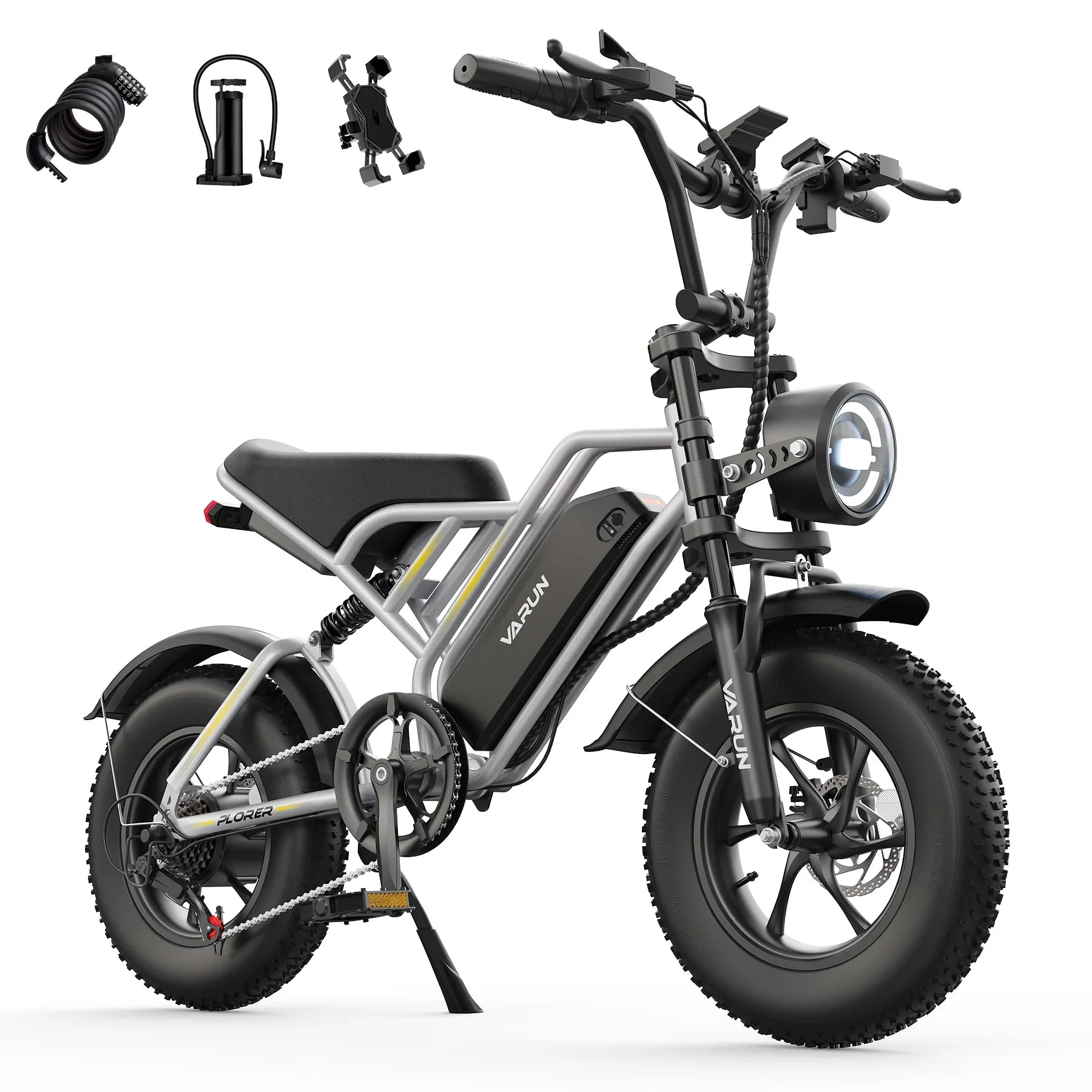 Varun Explorer electric bike with fat tires, front LED headlight, black seat, and included lock, pump, phone holder