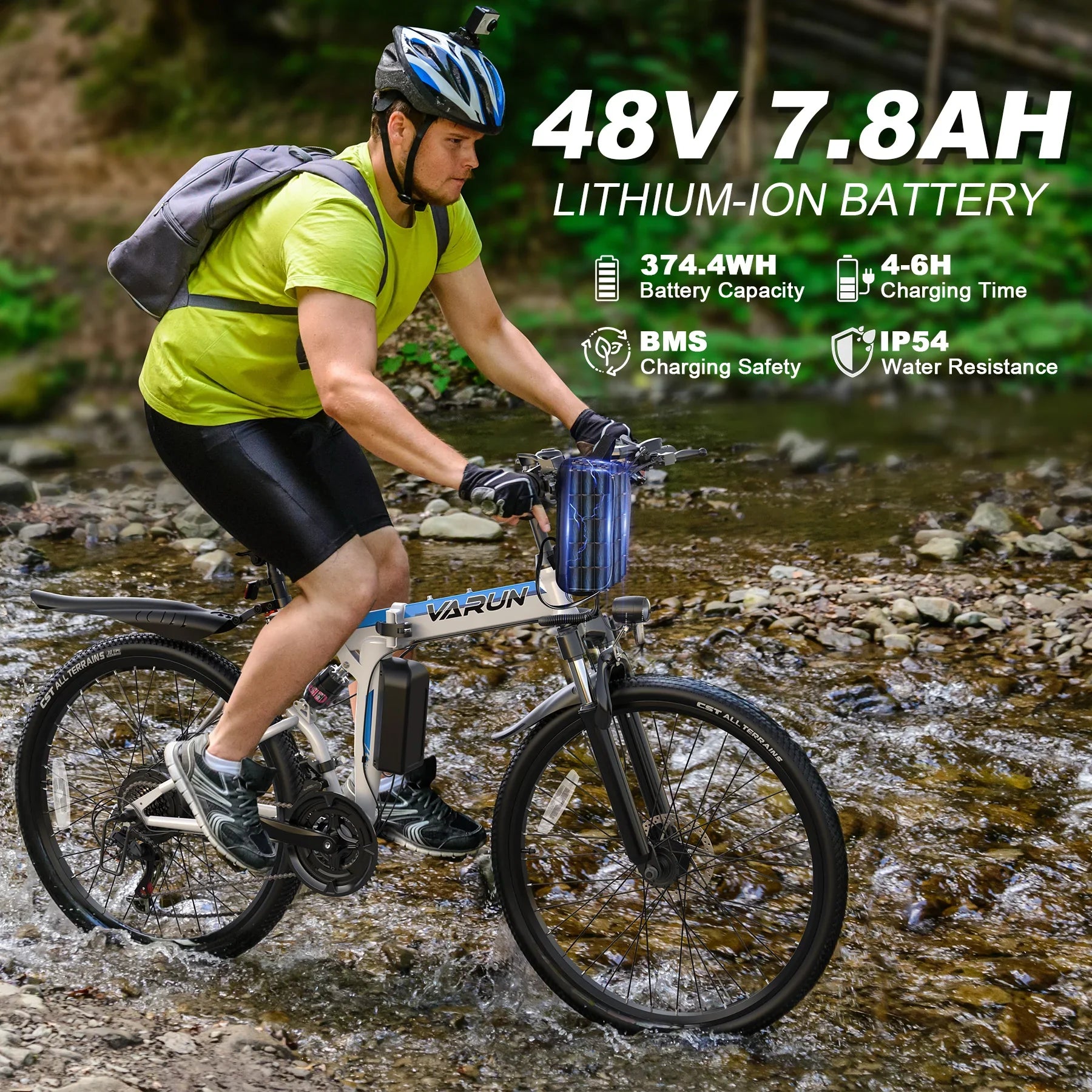 Man riding Varun electric mountain bike with 48V 7.8AH lithium-ion battery in a rocky stream