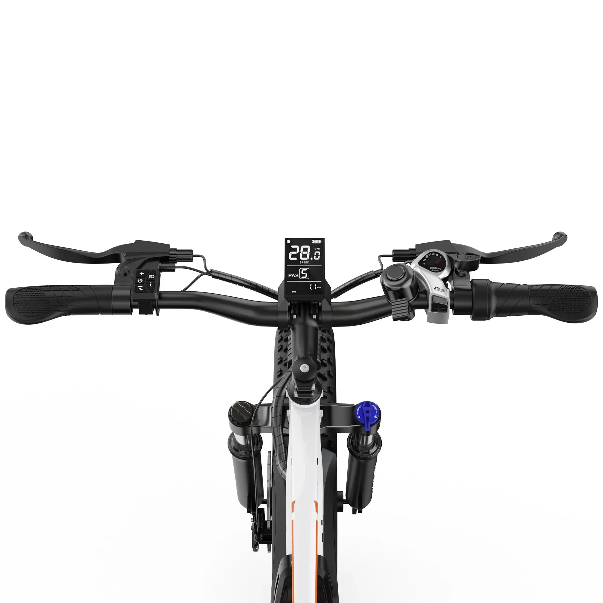 Electric bike handlebar with digital speedometer showing 28 mph, Shimano gear shifter, and brake levers
