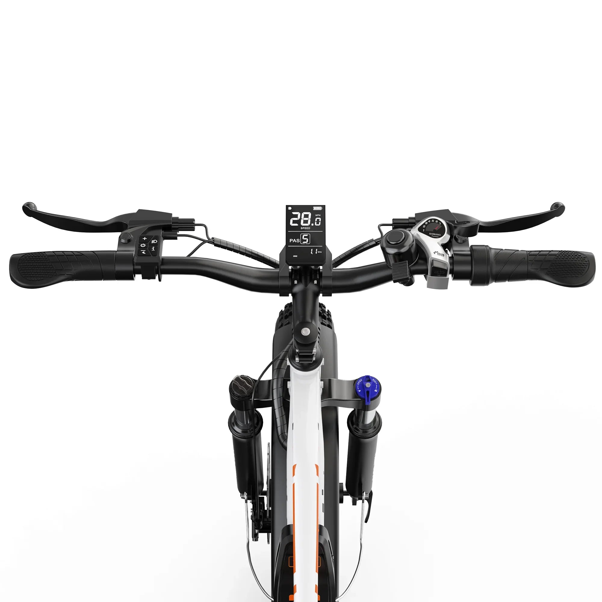Close-up front view of electric bike handlebars with digital speedometer and gear shifters
