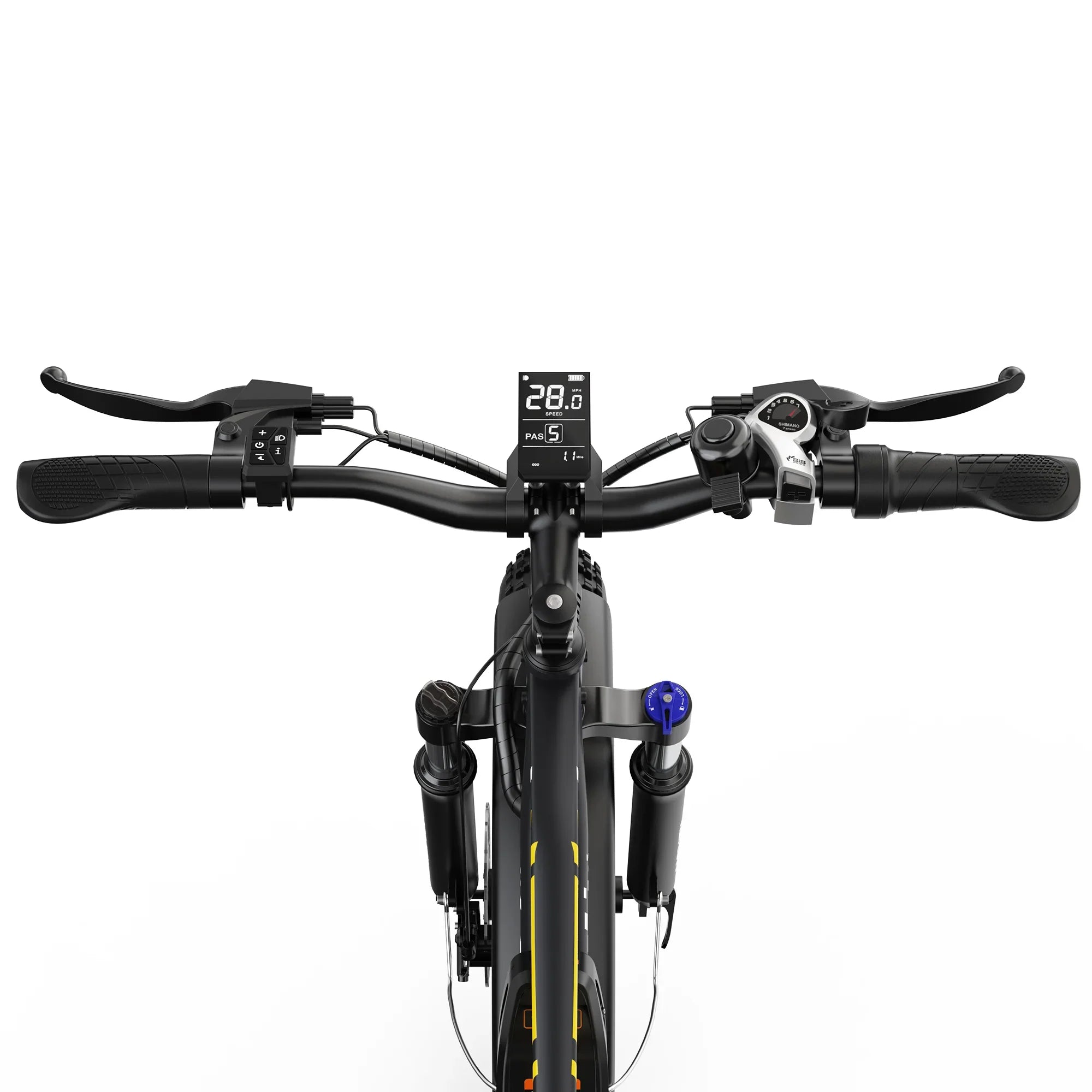 Black electric bike handlebars with digital display showing speed and pedal assist level