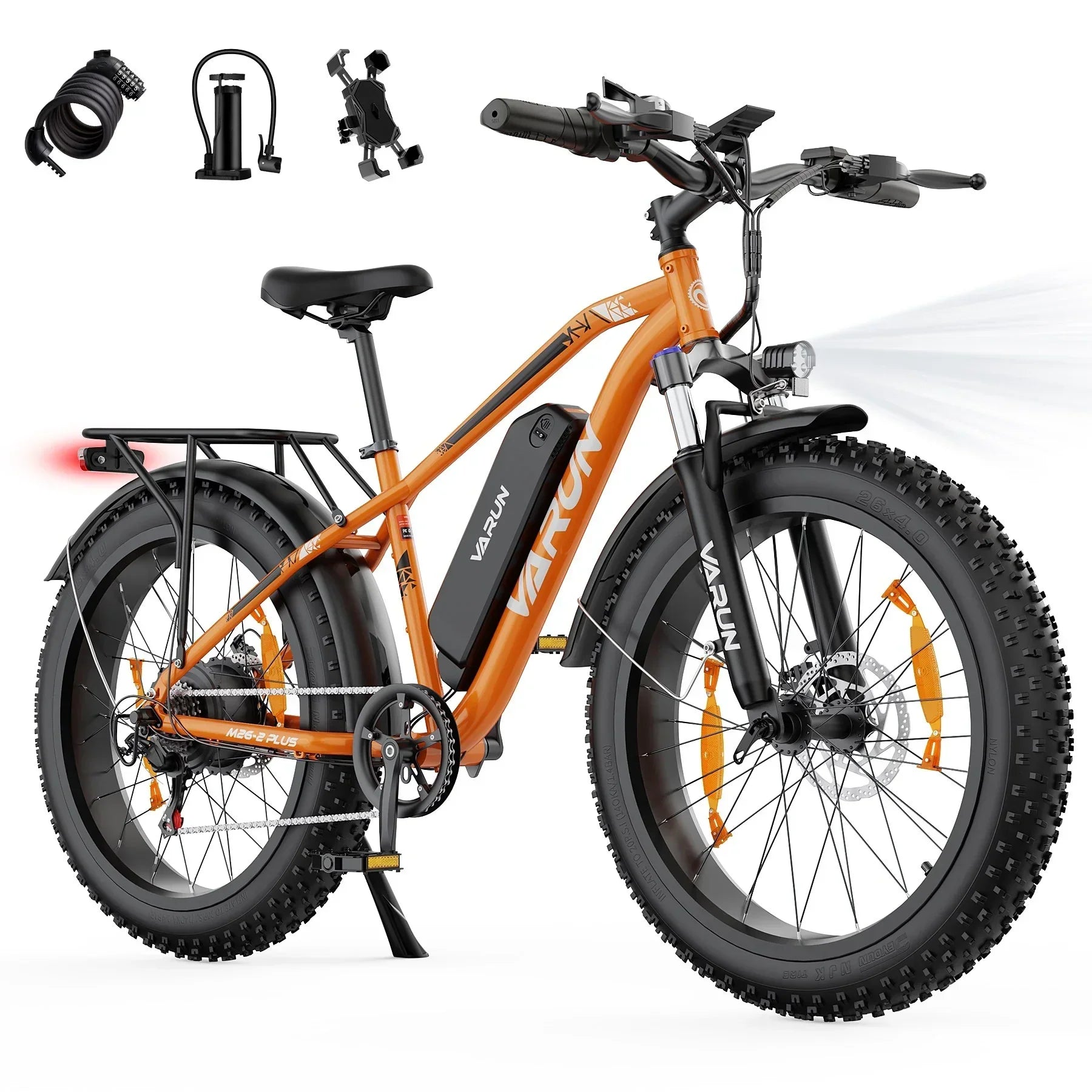 Orange Varun electric fat tire bike with front light, rear rack, and included lock, pump, and phone mount
